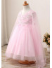 Long Sleeves Pink Pearl Embellished Flower Girl Dress